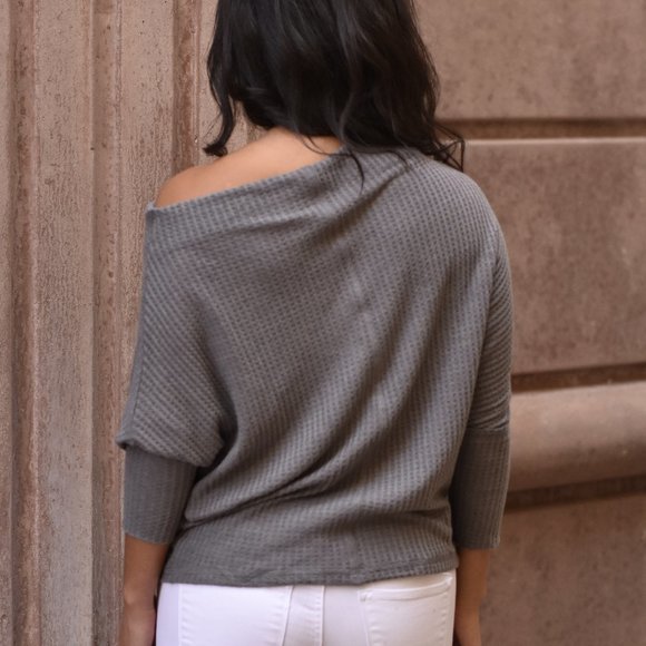 Grey Waffle Knit Off The Shoulder Top - Picture 4 of 4